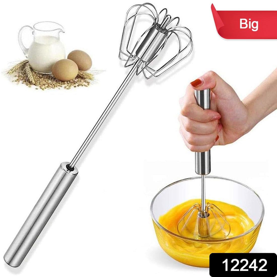 Big Stainless Steel Egg Whisk, Hand Push Rotary Whisk Blender